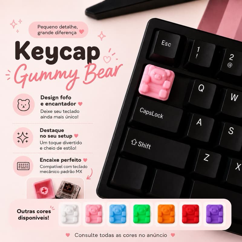 Keycaps Ursinho Gummy Bear Kawaii para Teclado Mecânico – Teclas Gamer Cute Fofo