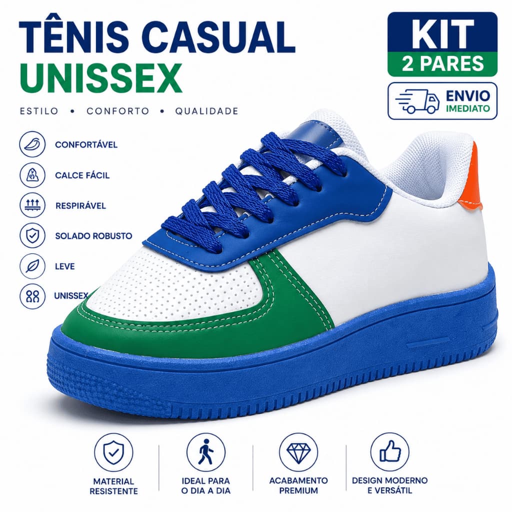 Tênis Masculino Casual Plataforma Branco Azul Verde Solado Alto Confortável Estilo Urbano Leve