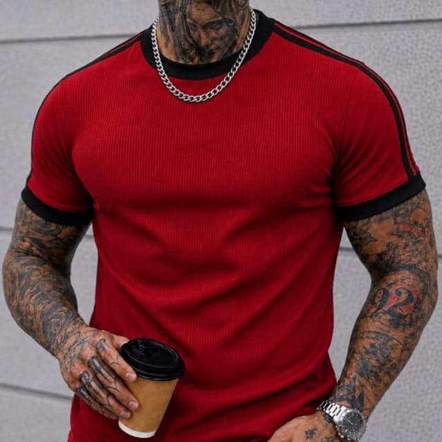 Camiseta Masculina Gringa  Canelada Americanoa Algodão Premium Slim Fit Manga Curta com Listra Casual