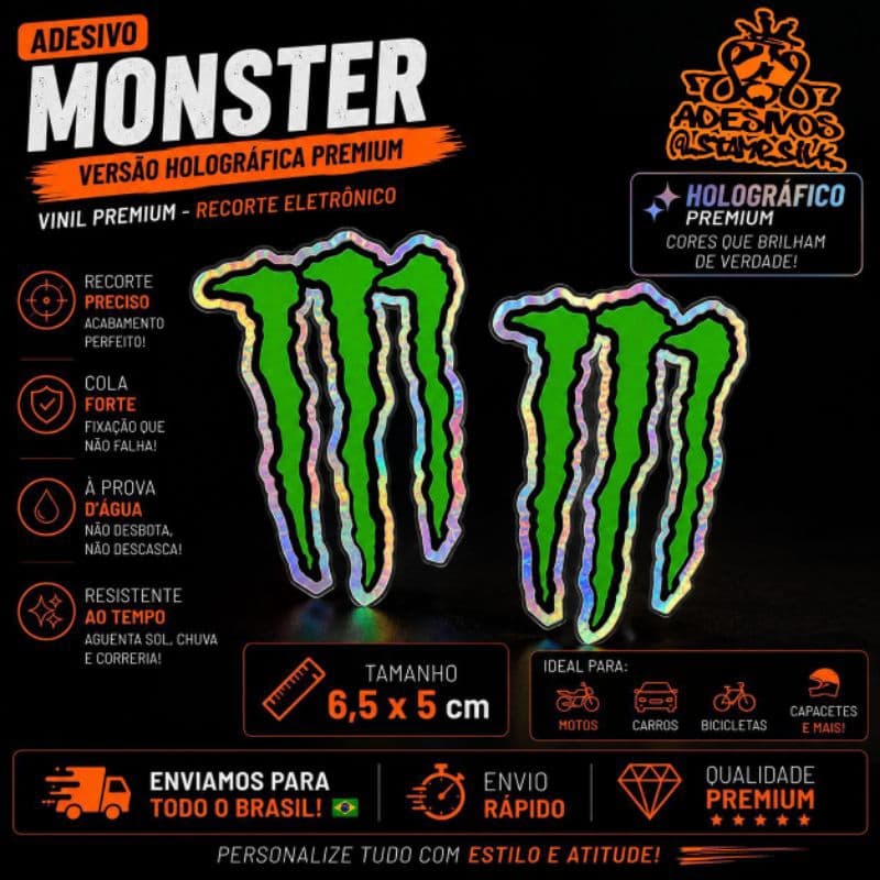 🔥 Adesivo MONSTER HOLOGRÁFICO 6,5x5cm Vinil PREMIUM À Prova D'Água Recorte Eletrônico