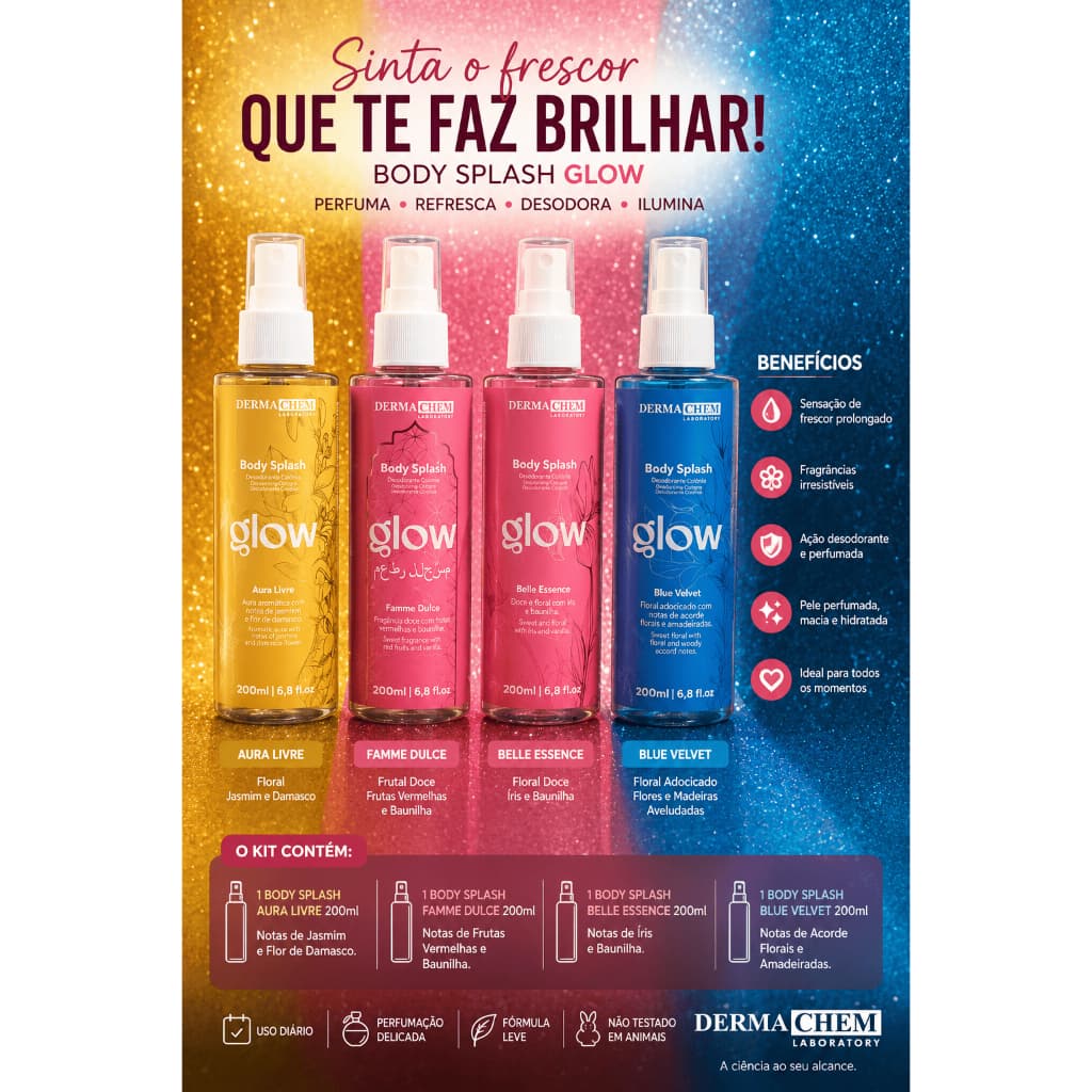 Body Splash Glow Perfume Corporal Fixação Prolongada 200ml Dermachem