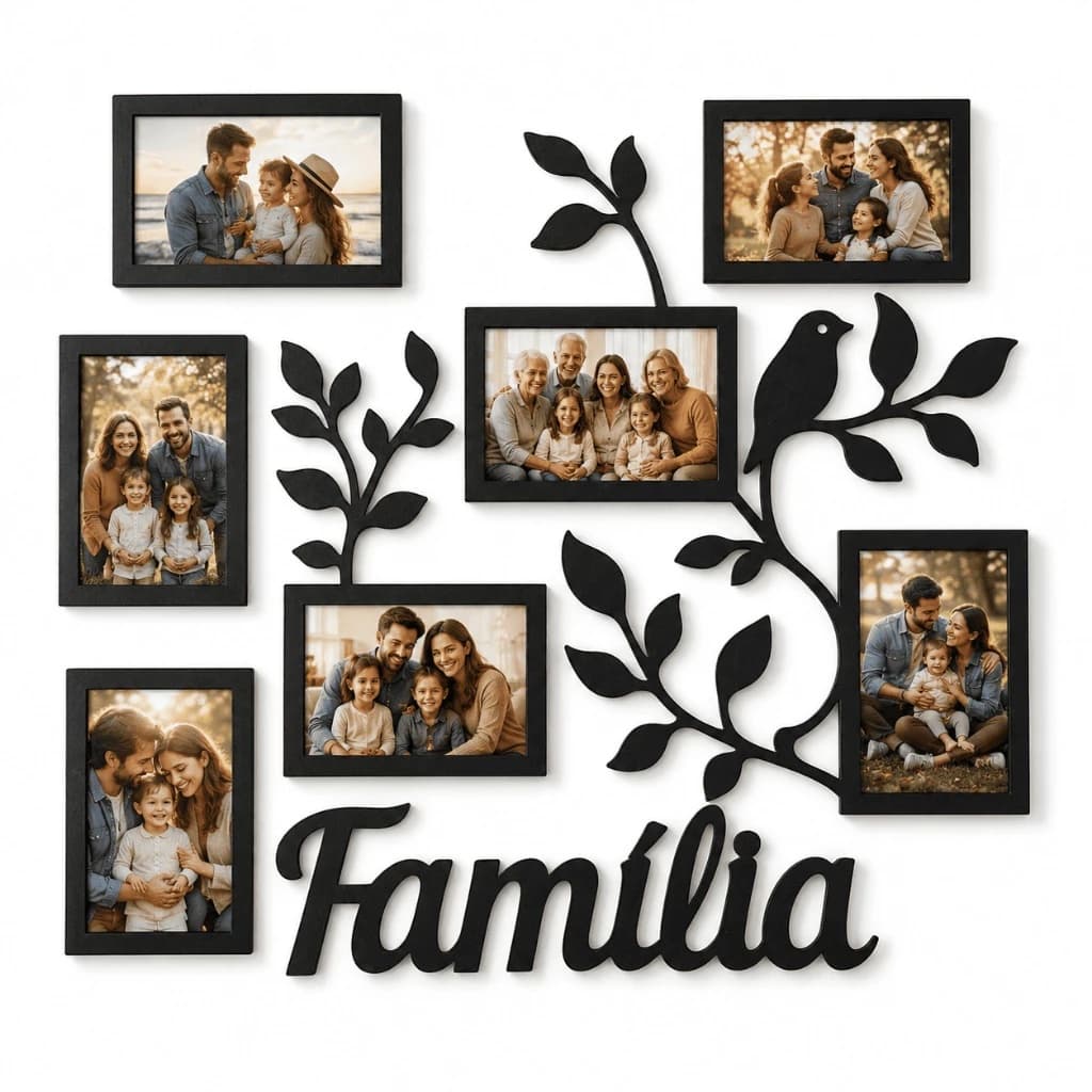 Porta Retrato Parede Com Frases MDF Árvore Mural C/ 7 Fotos Decoração Sala Quarto - Vários Modelos