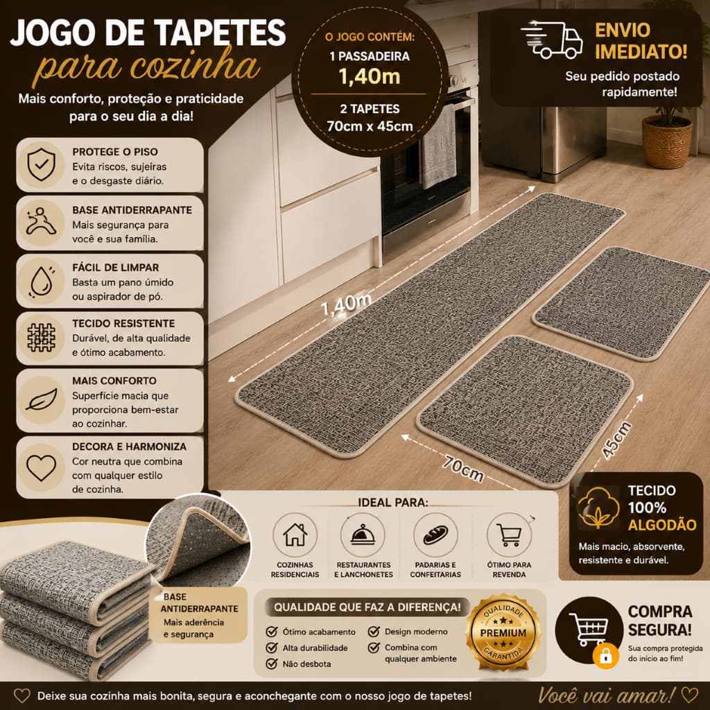 Jogo de Tapetes para Cozinha 3 peças, 1 Passadeira 1,40m  2 Tapetes 70cmx45cm 100% Poliéster, Antiderrapante