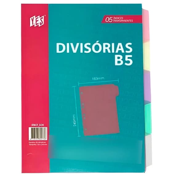 Divisória Para Fichário Yes B5 - 05 Divisórias Transparentes - 183x245mm