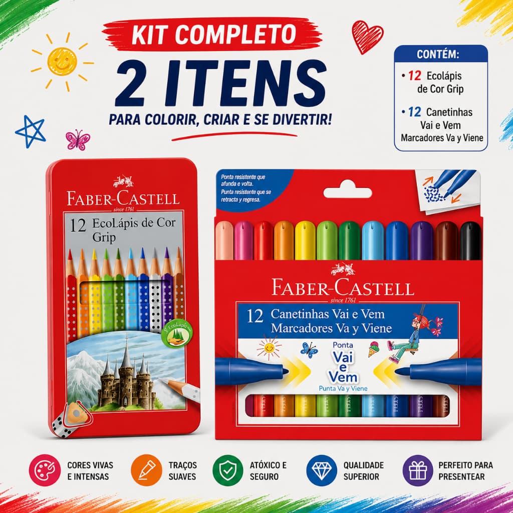 Kit Faber-Castell Grip 12 Cores + Canetinha Hidrográfica Vai e Vem 12 ou 24 Cores Original
