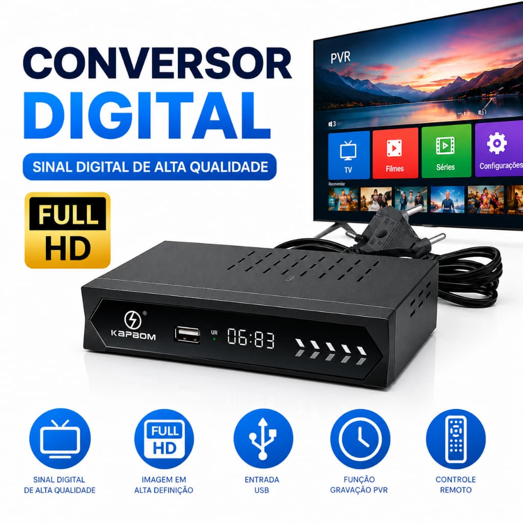 Conversor Digital Full HD HDMI USB PVR Com Gravador Receptor TV Digital ISDB-T Controle Remoto