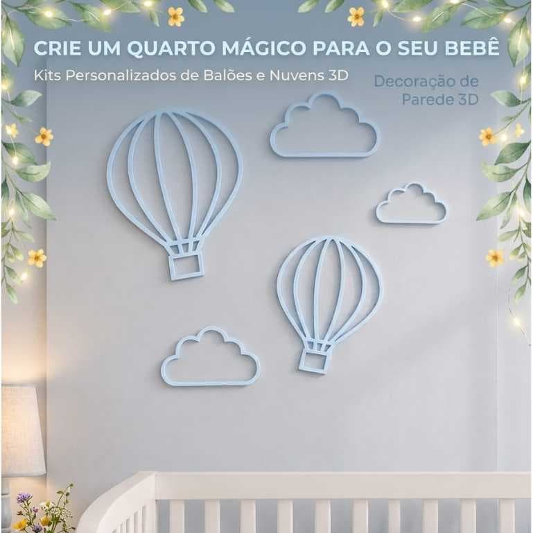 Decoração quarto bebê Balão e nuvens - kit 05 peças em 3D