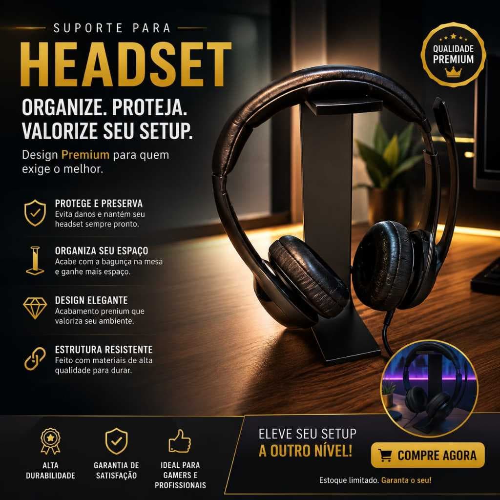 Suporte Headset Gamer Premium – Organizador de Mesa para Fone de Ouvido, Setup Gamer Profissional