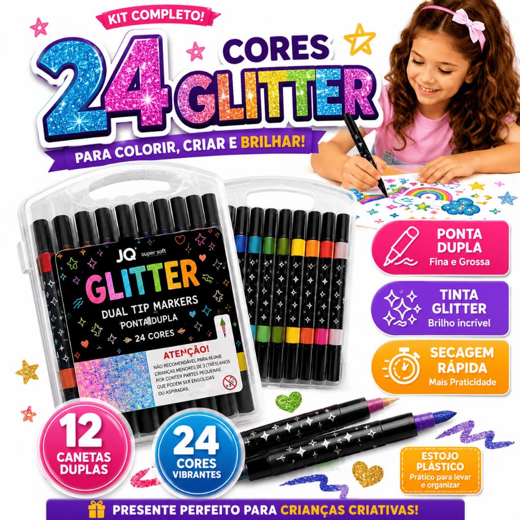 Canetinha Glitter 24 Cores Ponta Dupla 12 Canetas Estojo Escolar Infantil para Colorir e Desenho