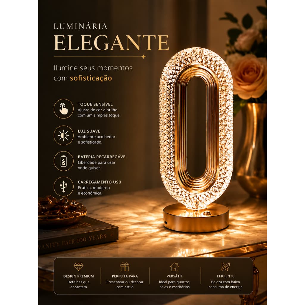 Luminária Abajur Retrô LED Touch Sem Fio Recarregável USB para Quarto e Sala