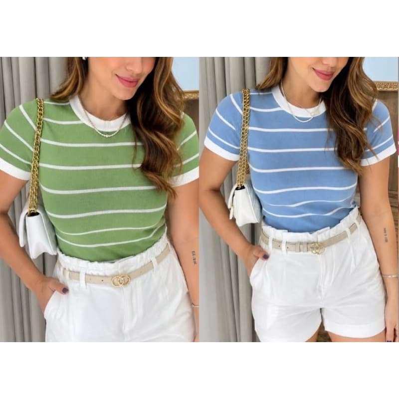 Blusinha Feminina Listrada Canelada Manga Curta Gola Redonda Casual Ajustada Tamanho Único