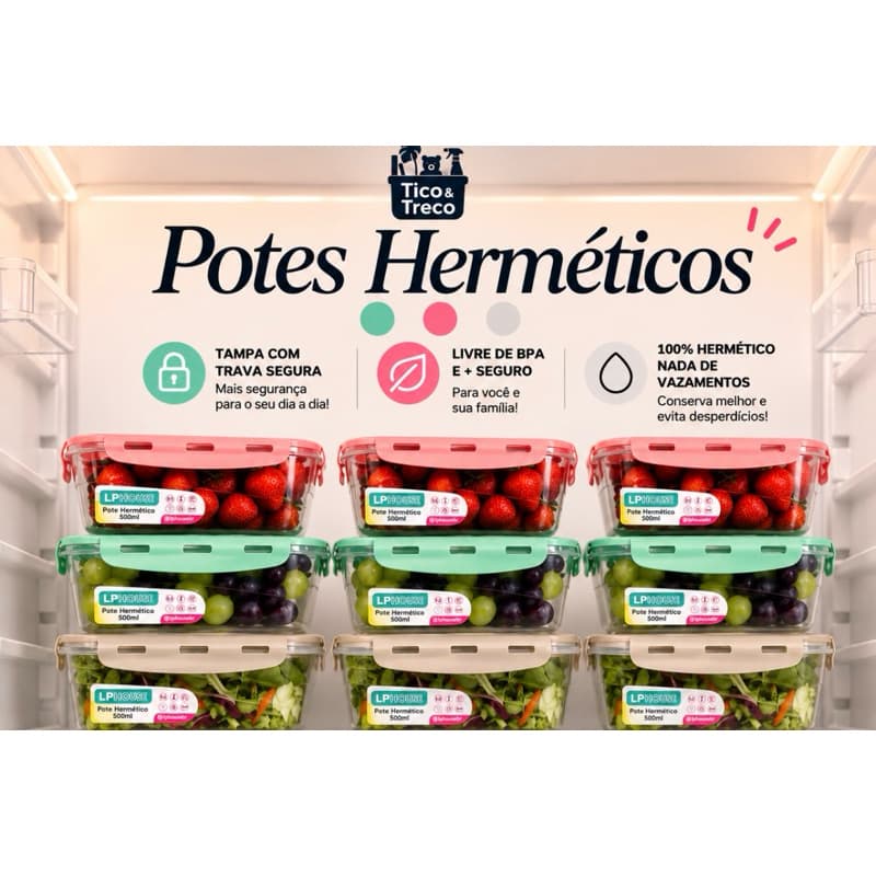 Kit Potes 500ml Hermético Com Tampa Pote 4 Travas Marmitas Fitness Saladas Frutas Comida