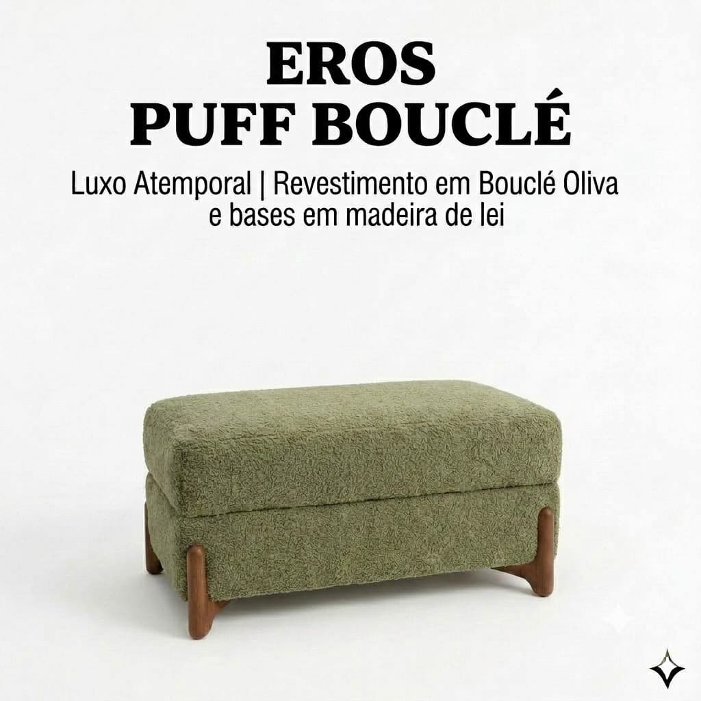 Puff Sala Bouclé Verde Oliva Eros Wood | Banco Estofado Moderno