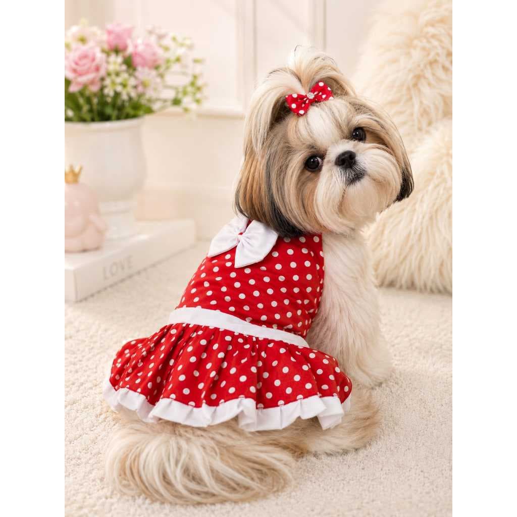 Vestido Pet Para Cachorro E Gato Fêmea Roupa De Minnie Poá Vermelho Luxo Com Laço