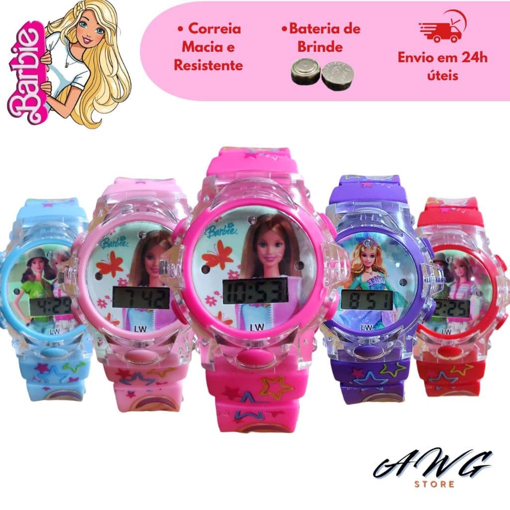 Relógio Infantil Barbie Feminino Menina Colorido com Música e LED + Bateria Extra