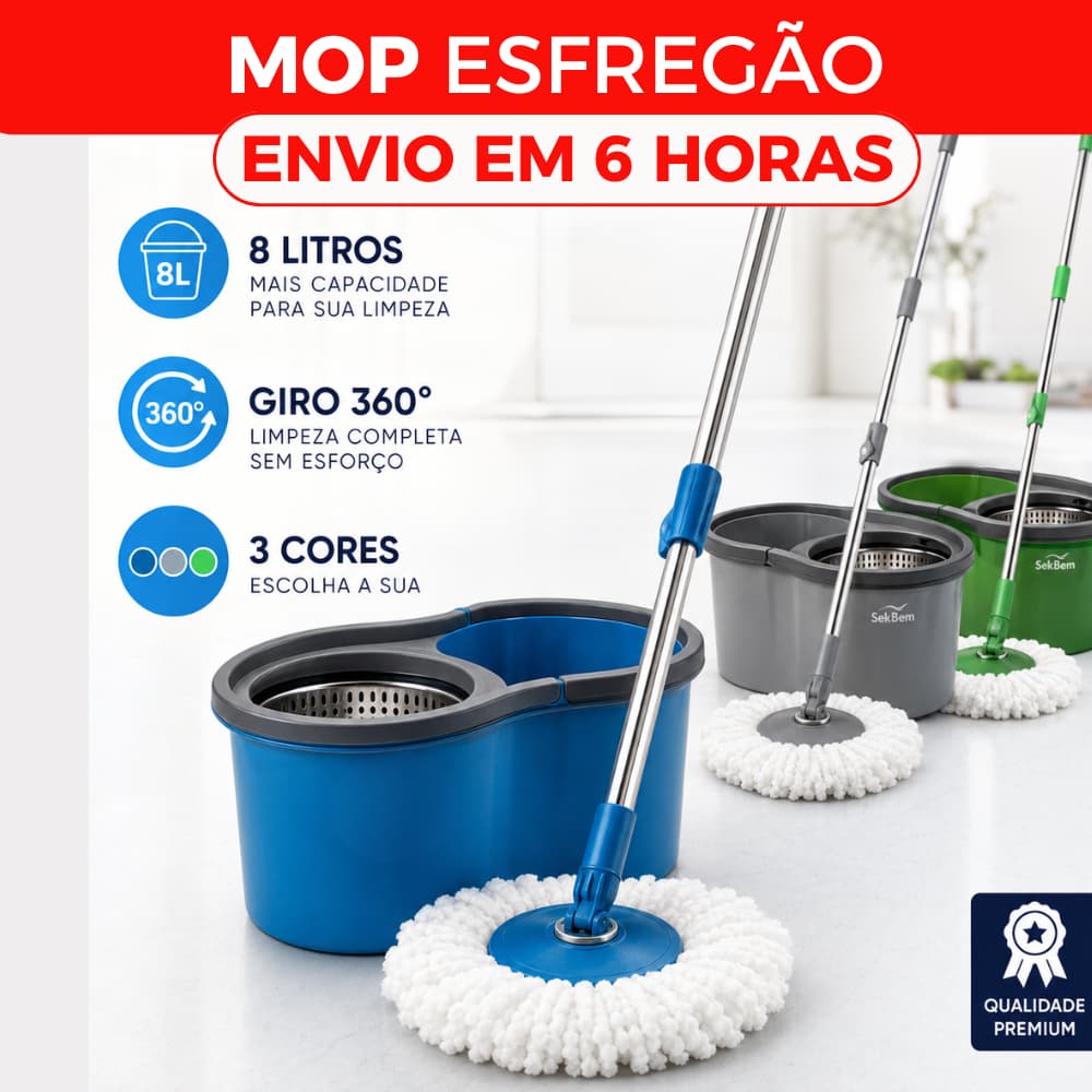 Mop Giratorio Esfregão De Limpeza 360° Balde Centrifuga 8lt Reforçado