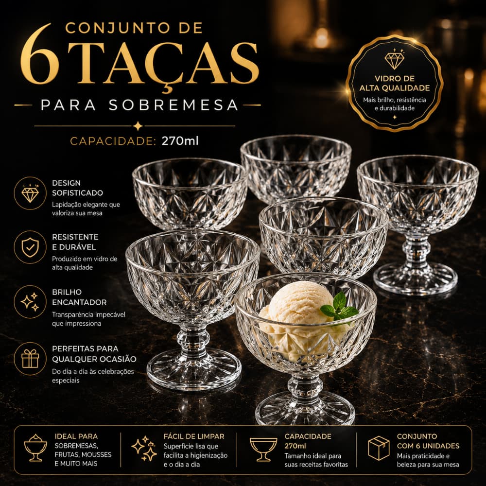 Jogo 6 Taças De Sobremesa Vidro Diamante 270ml Perfeito Para Sorvete Doce Salada de Frutas Mousse Coquetel Luxo