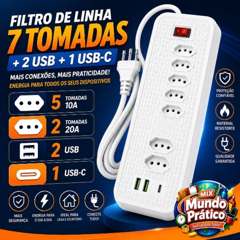 Filtro de Linha 5 Tomadas 10 Amperes 2 tomadas de 20 Amperes 2 USB entradaTIPO C Bivolt cabo 5 M