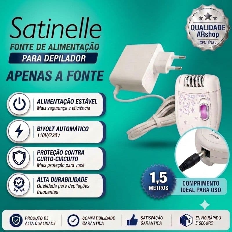 Carregador Fonte p/ Depilador Satinelle Cabo de Energia Fio Longo