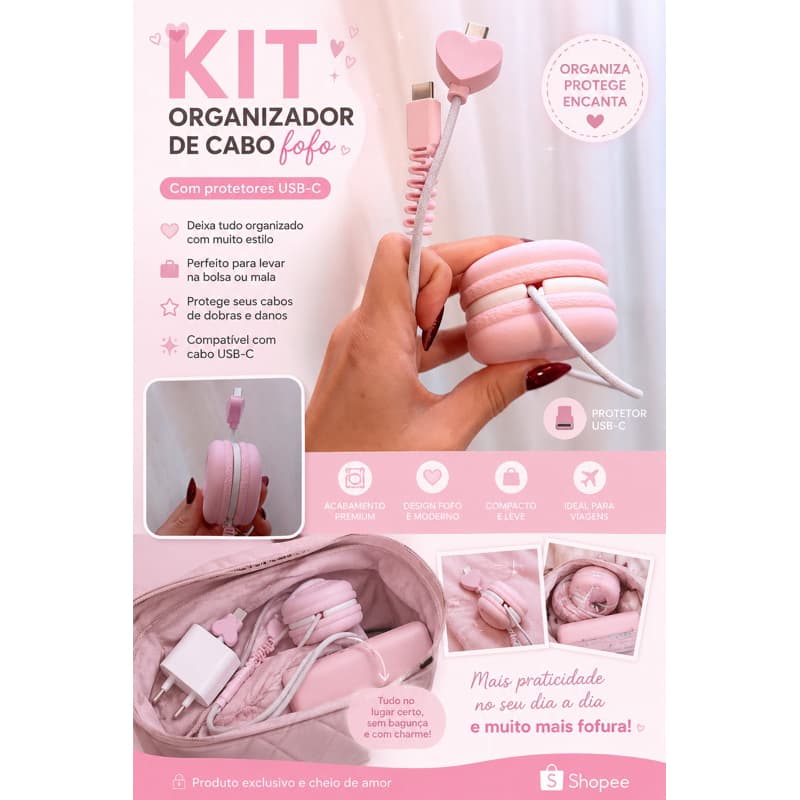 Kit organizador de cabo e protetores de cabo / protege e organiza de macarrons fofo/ organizador viagem