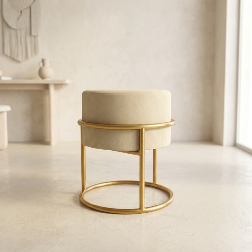 Puff Base De Ferro Redonda Dourada Luxo Decorativo Moderno