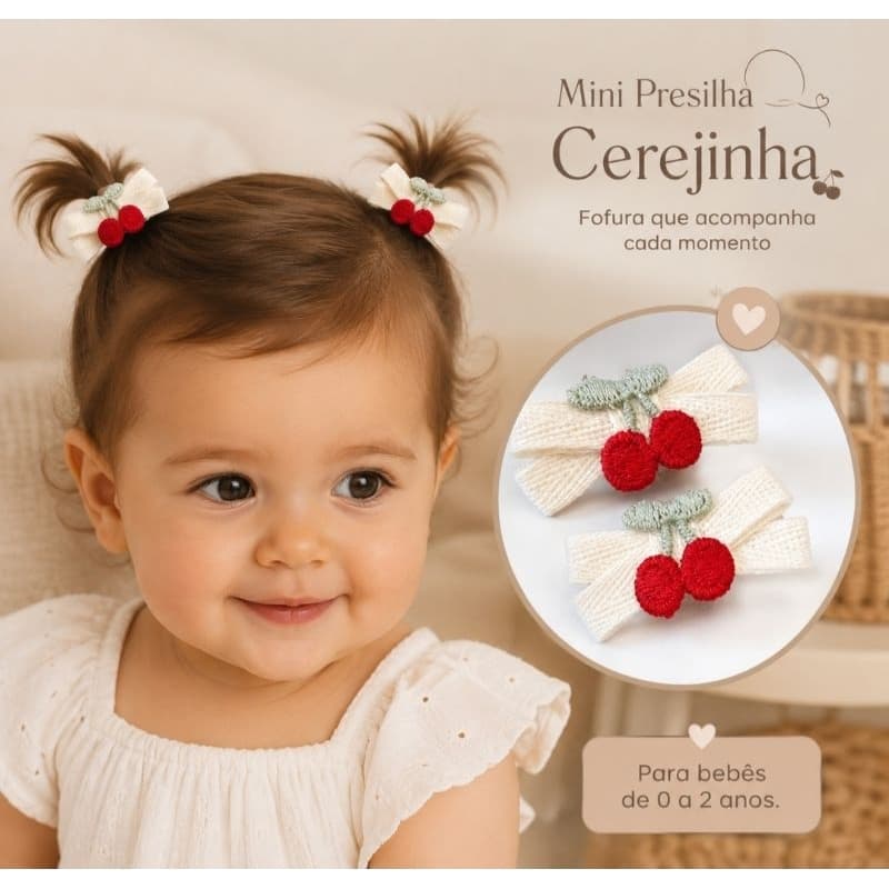 Kit Faixinha Meia de Seda Bebê Cerejinha e Par Mini Cereja Presilha Antideslizante