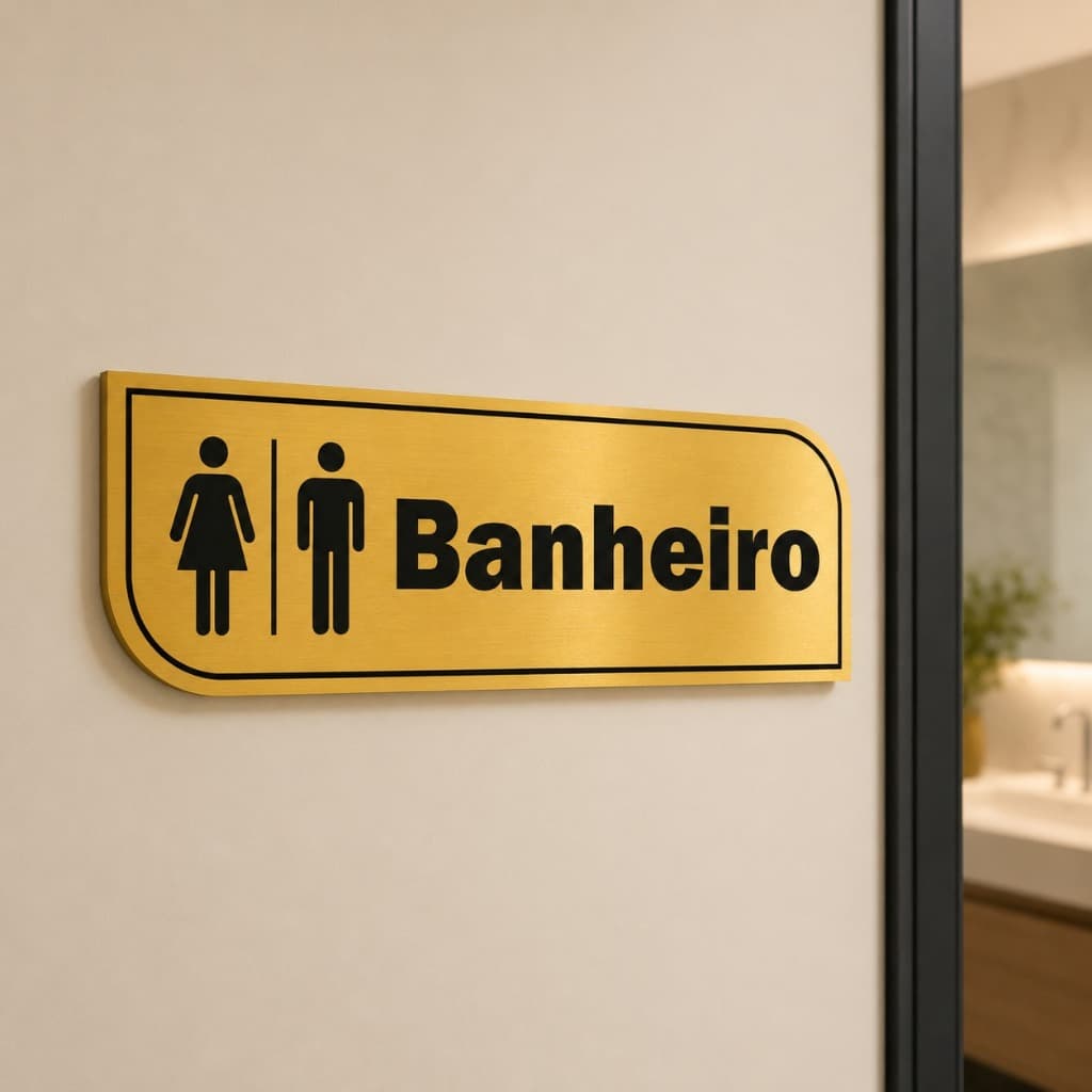 Placa Banheiro Unissex em Acrílico Dourado 30x10 cm com Escrita Preta