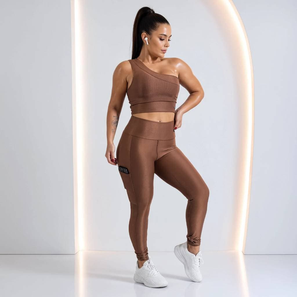 Conjunto Fitness Academia Feminino Premium Canelado Top Alta Sustentação Zero Transparência com bolso