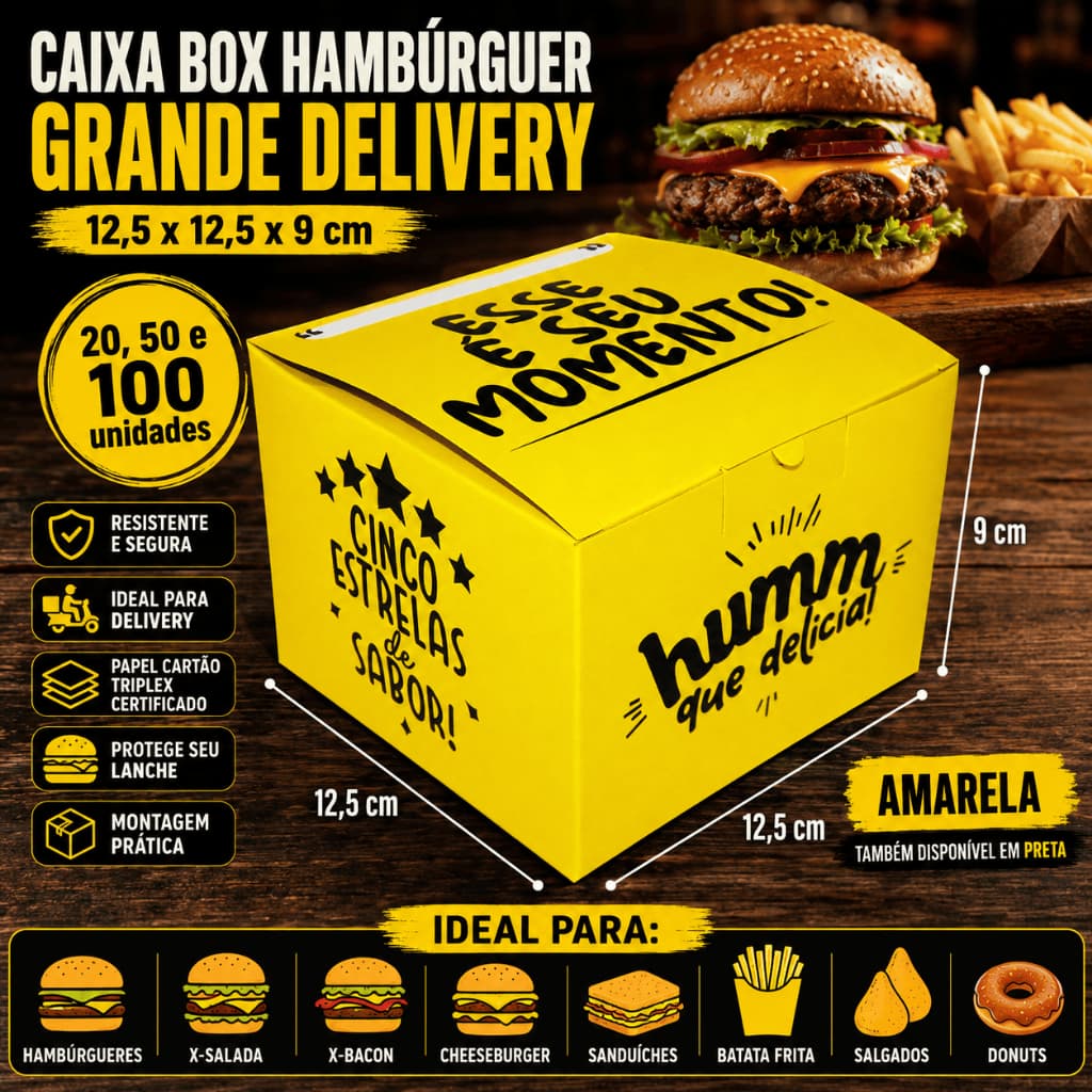 Caixa Box Embalagem Para Hambúrguer Grande Delivery (12,5 x 12,5 x 9cm) - Amarelo