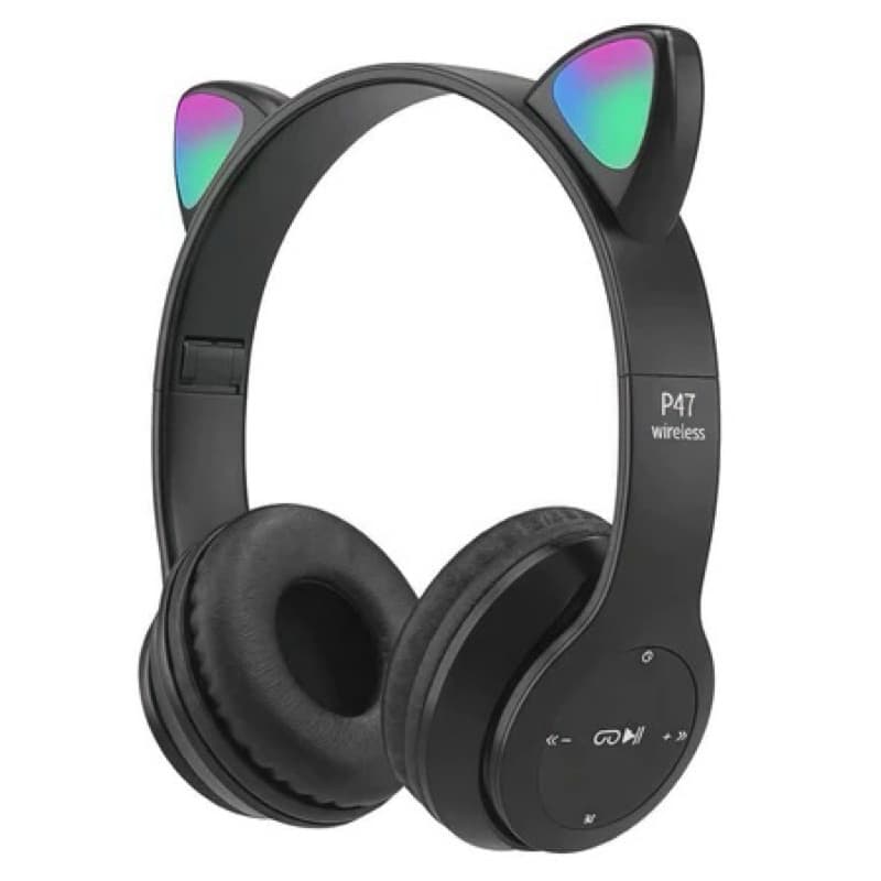 Fones de ouvido Bluetooth gatinho com LED colorido ( preto, azul, roxo, rosa, verde com preto)