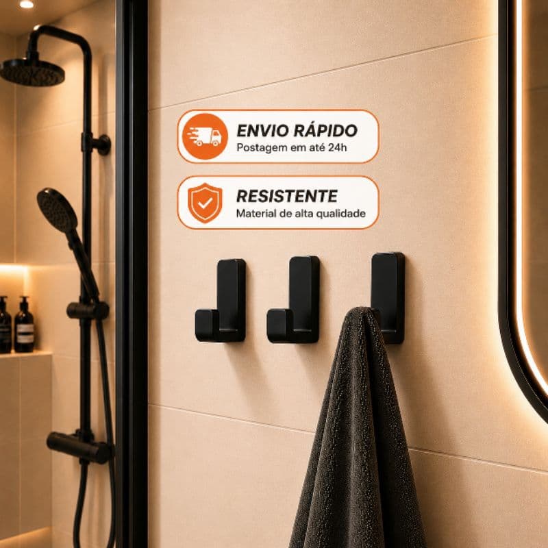 Gancho Adesivo de Parede Preto Premium Multiuso para Banheiro Cozinha Sem Furos Resistente