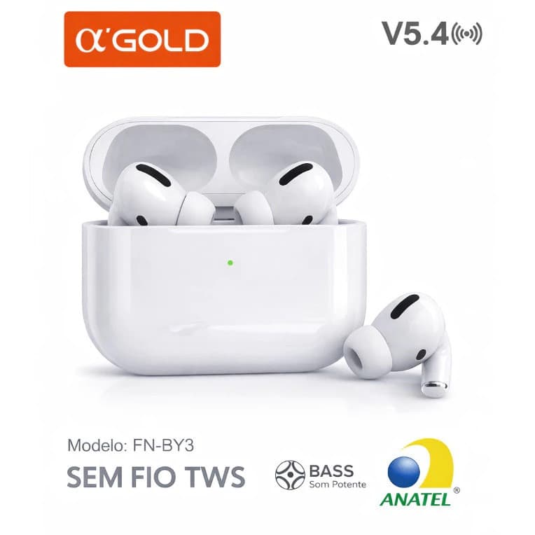 Fone De Ouvido A'Gold FN-BY3 Bluetooth Sem Fio V5.4 Branco TWS