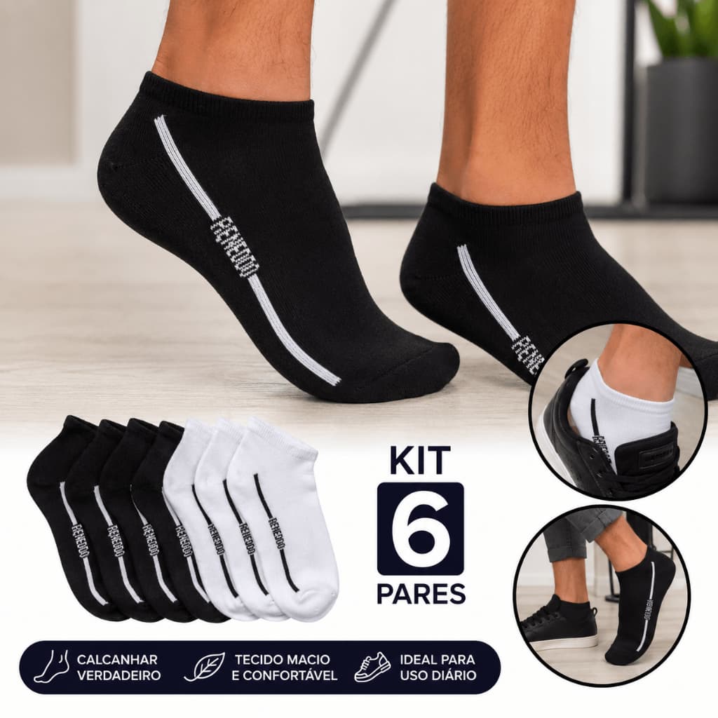 Kit 6 Pares de Meias Sapatilha Masculina Malha Lisa Calcanhar Verdadeiro 37 ao 44