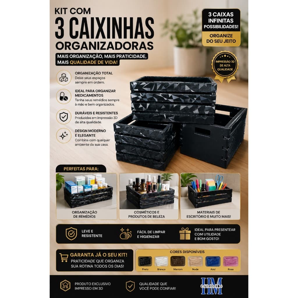 Kit 3 Caixa Organizadora Multiuso Decorativa 3D | Organizador de Mesa, Remédios, Escritório, Banheiro e Maquiagem