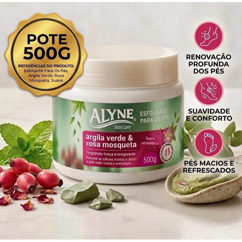 Esfoliante para Pés Alyne 500g Argila Verde e Rosa Mosqueta - Pés Macios, Renovados e Hidratados