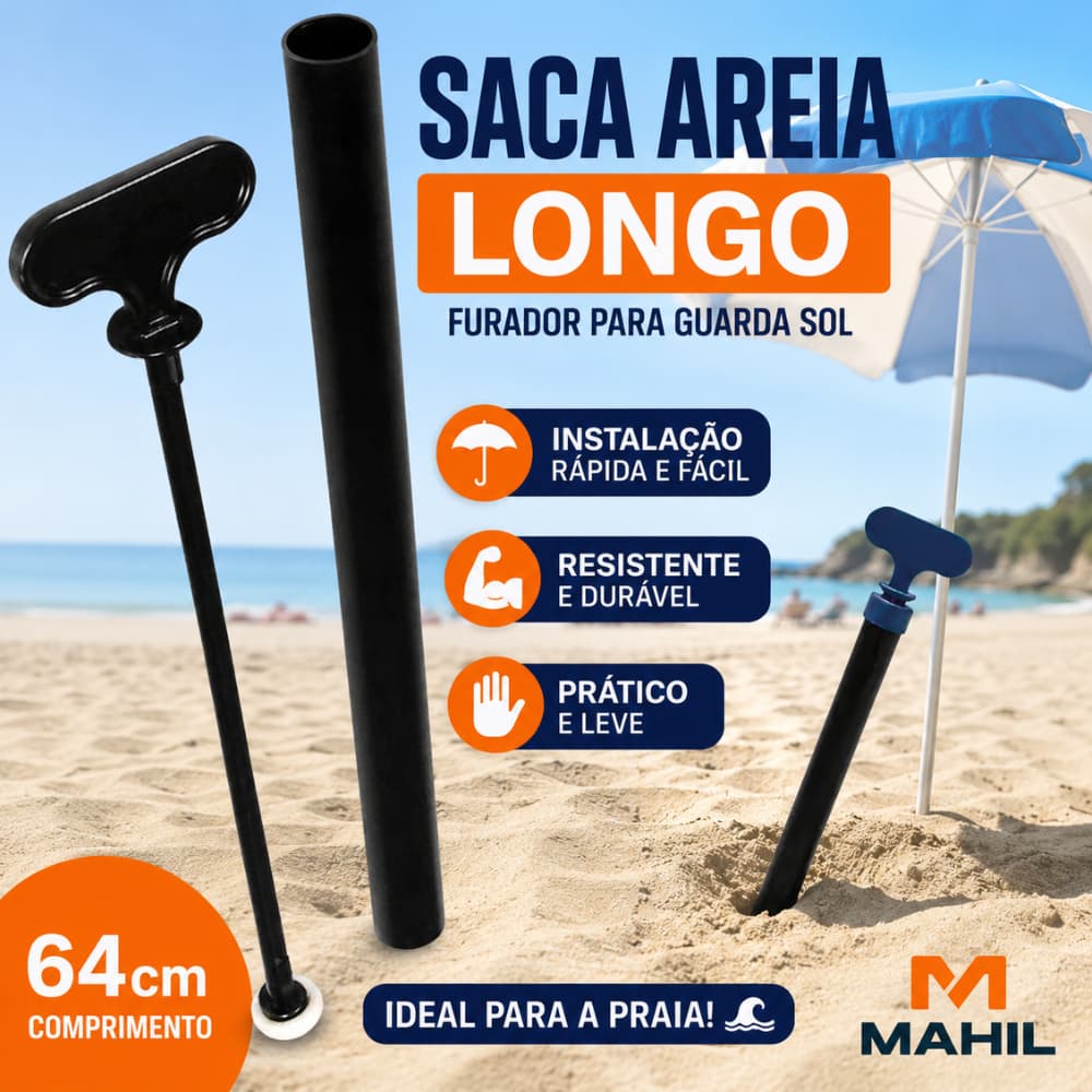 Saca Areia Longo para Guarda Sol Praia Furador de Areia Manual 64cm Preto Mahil