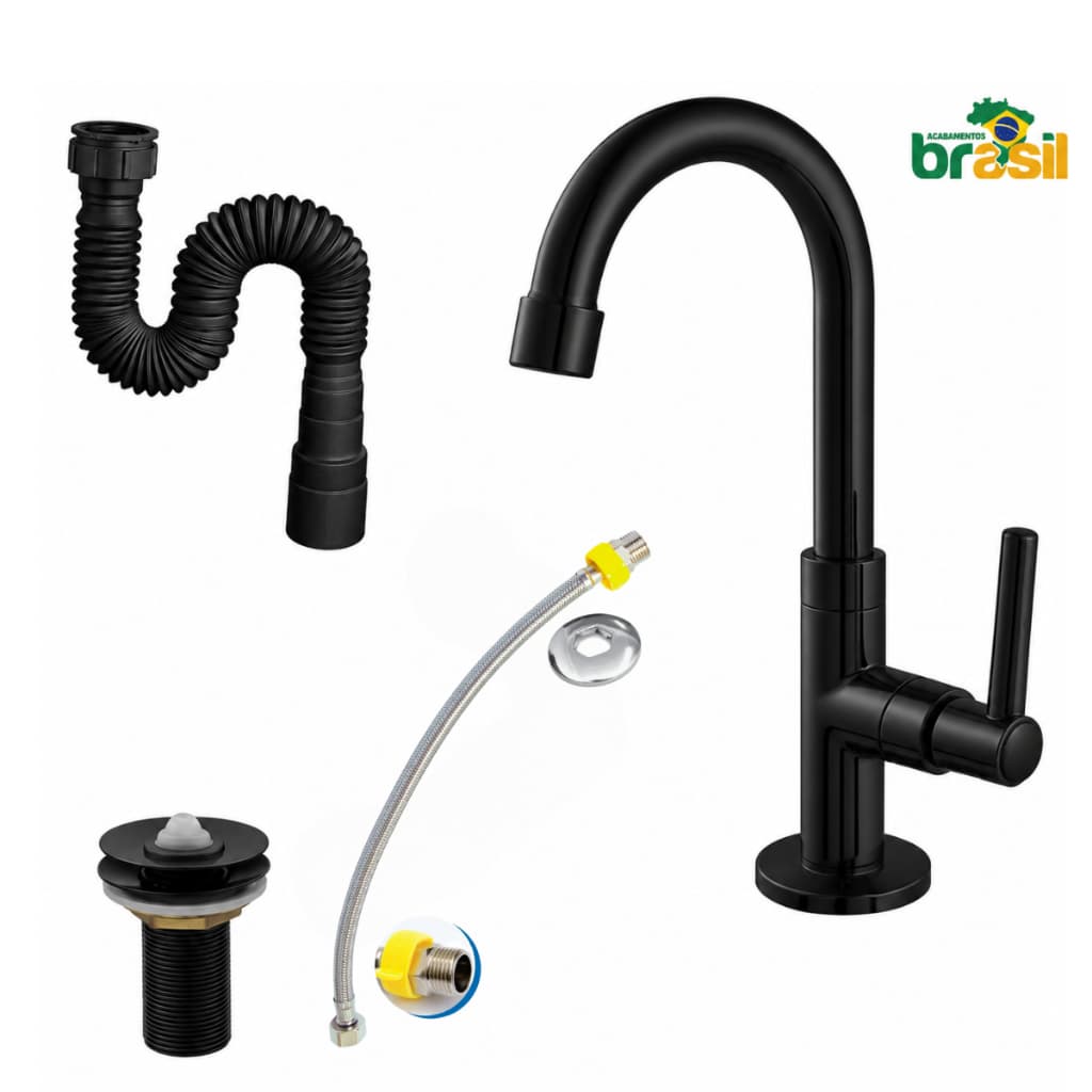 Kit Torneira Preta pia Lavatório Banheiro ABS Bica Alta + Sifão + Engate Inox 40cm + Válvula 7/8 – 1198