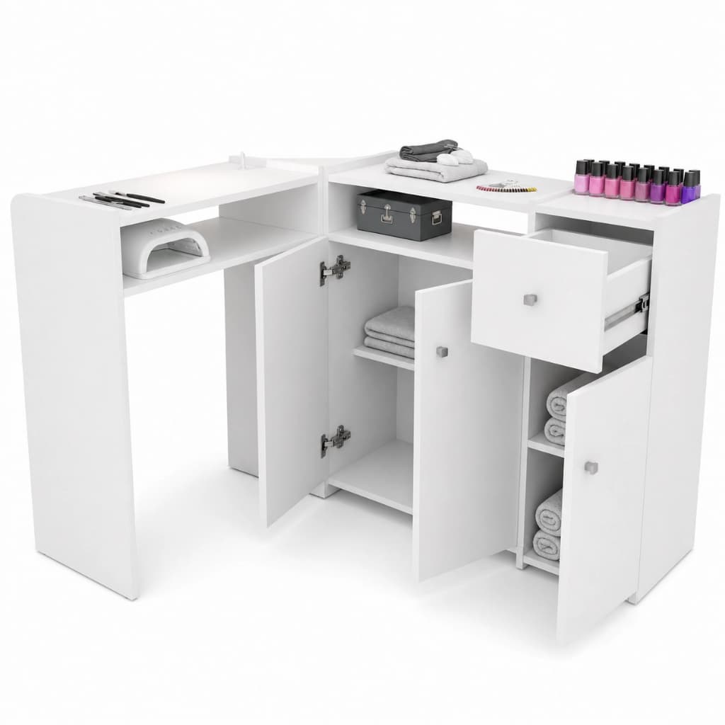 Mesa Manicure Em L Com Gaveta E 3 Porta Completa Salão De Beleza Spa Grande Modeno
