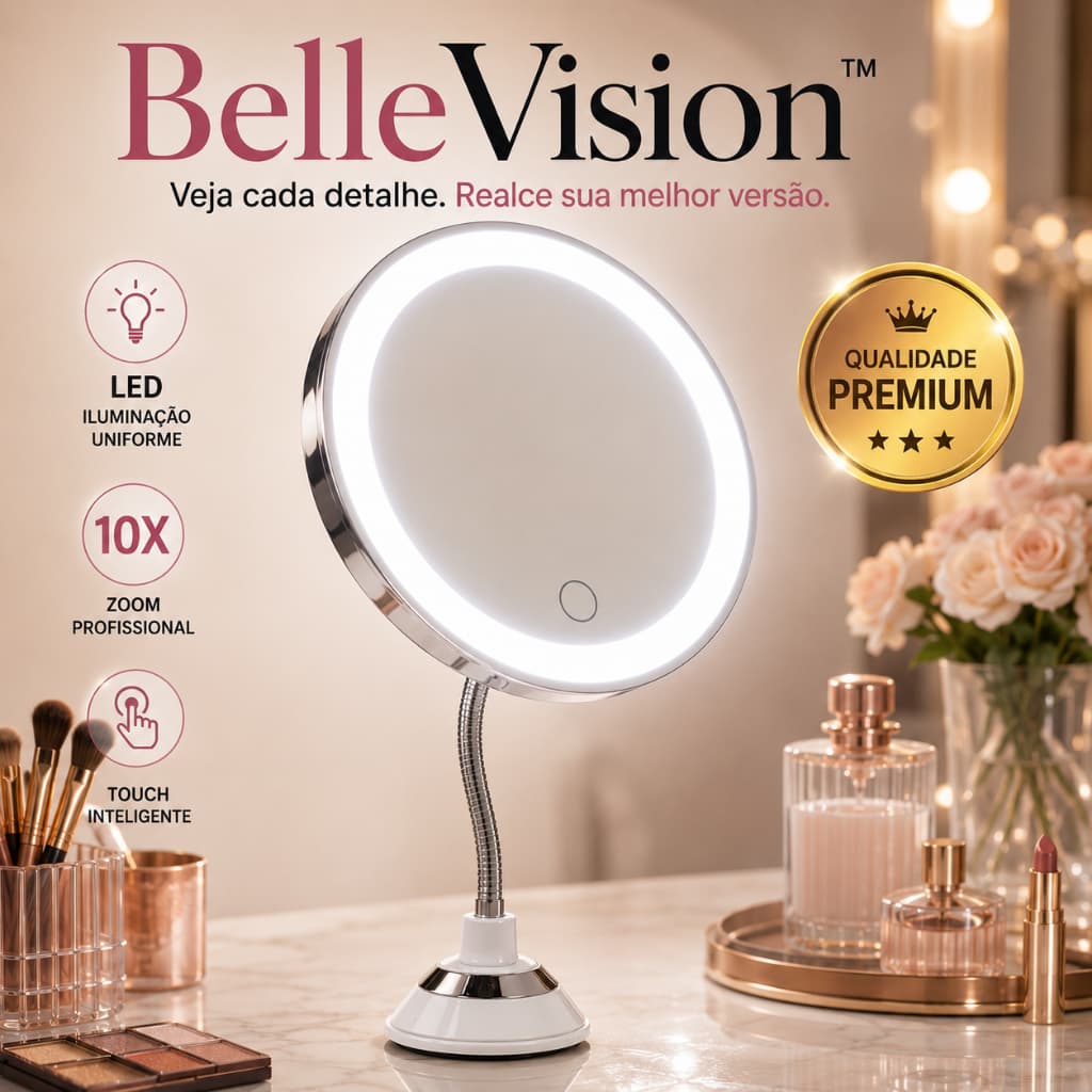 Espelho de Maquiagem LED 10X com Zoom e Luz Profissional Touch
