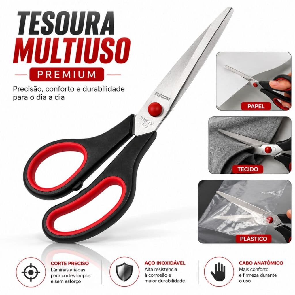Tesoura Multiuso Premium Aço Inoxidável Cabo Anatômico Corte Preciso Papel Tecido Plástico Uso Geral