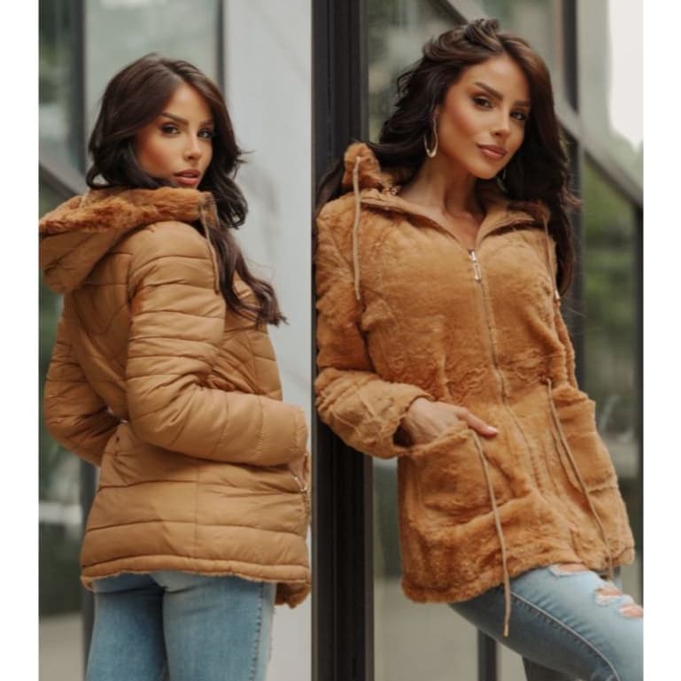 parka feminina dupla face nylon/teddy tendençia 2026 de alta qualidade se ajusta perfietamente no corpo capuz removivel