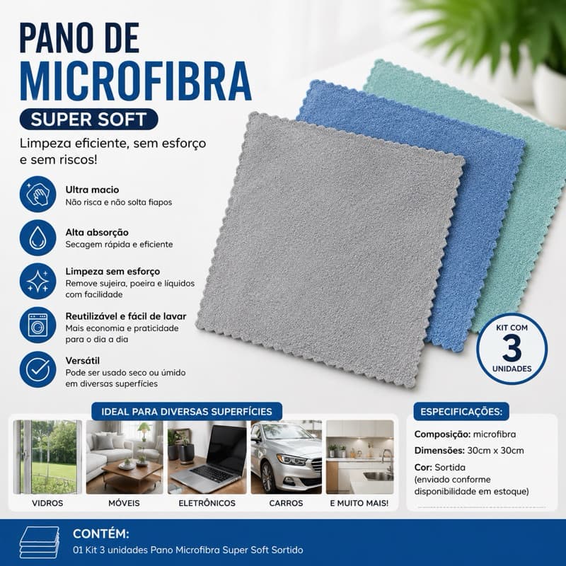 Kit 3 Unidades Panos Microfibra Ultra Macio Alta Absorcao Limpeza Eficiente