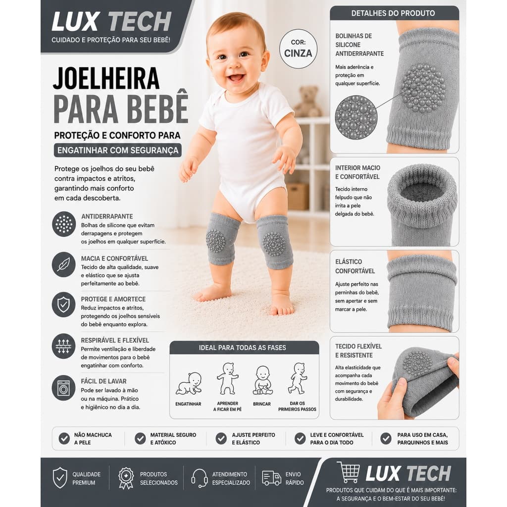 Joelheira Para Bebe Antiderrapante Macia Engatinhar Protetor Joelho Cor:Cinza