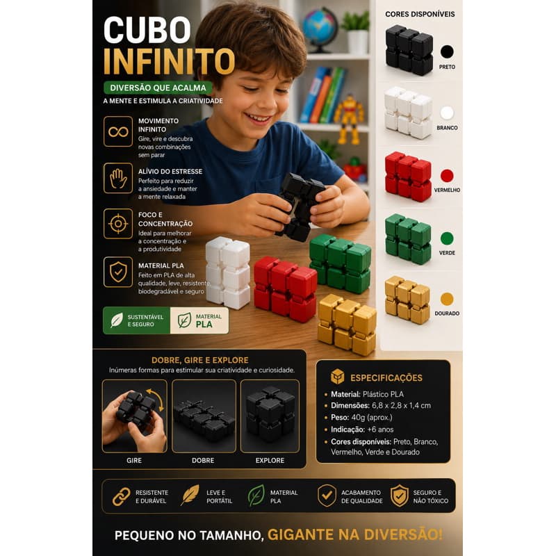 Cubo Infinito Sensorial Fidget Toy em PLA para Crianças Atípicas, TEA, TDAH e Adulto