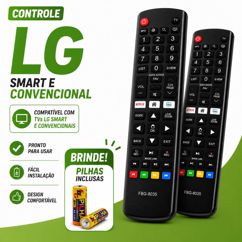 Kit Controle Remoto Compatível TV LG Smart LCD LED com Pilhas Inclusas ENVIO IMEDIATO