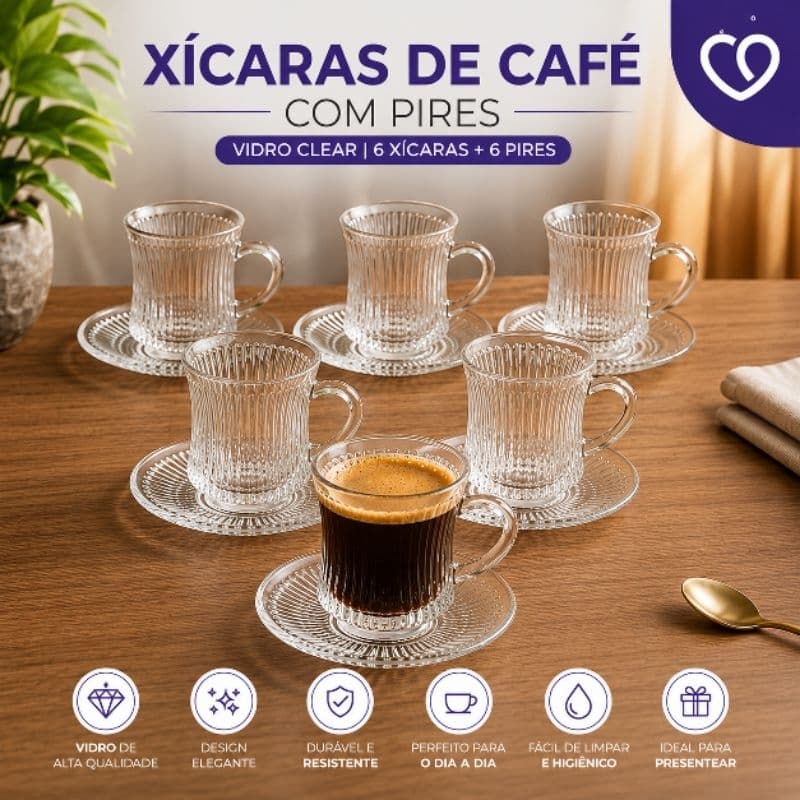 Jogo de Xícaras de Café Chá com Pires Vidro Clear 150ml 6 Xícaras + 6 Pires Elegante Premium