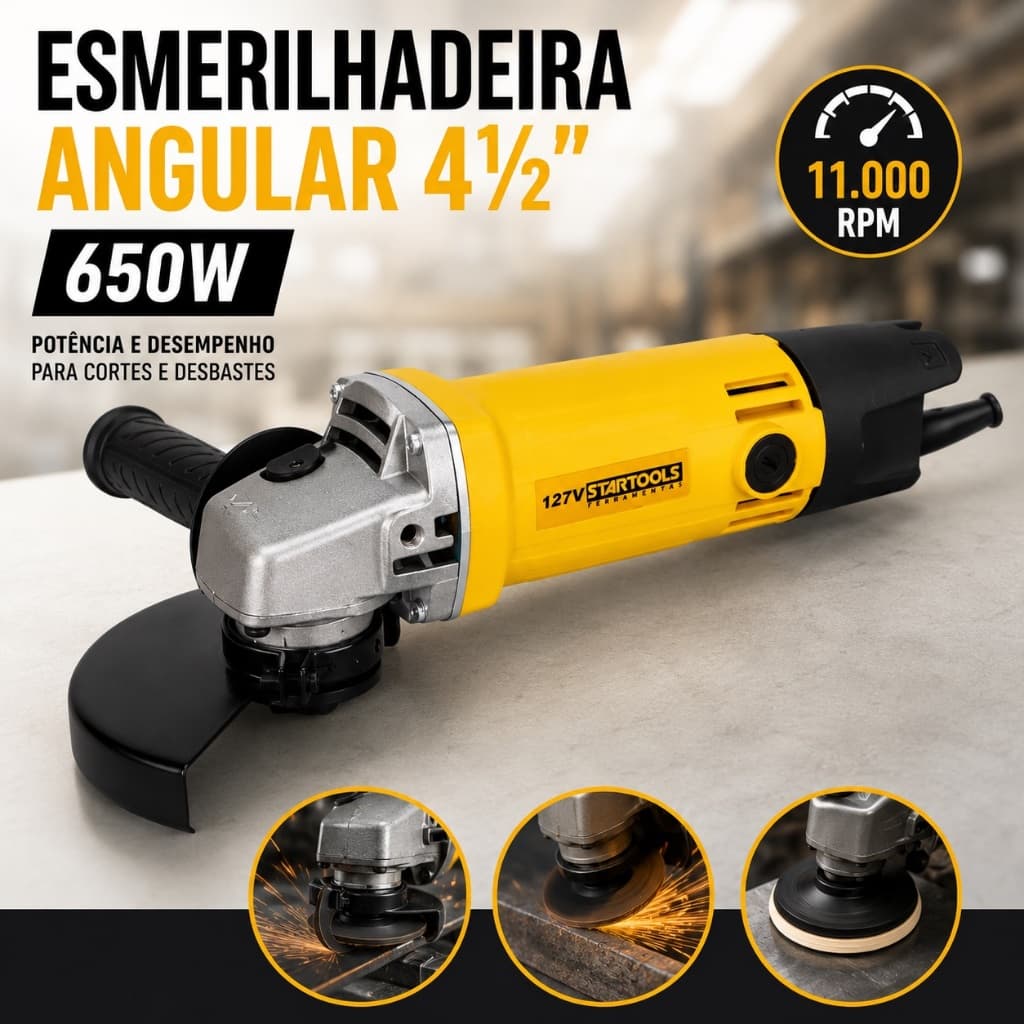 Esmerilhadeira 4.1/2 650W 127V Angular 115mm 11000 RPM com Punho Lateral e Chave
