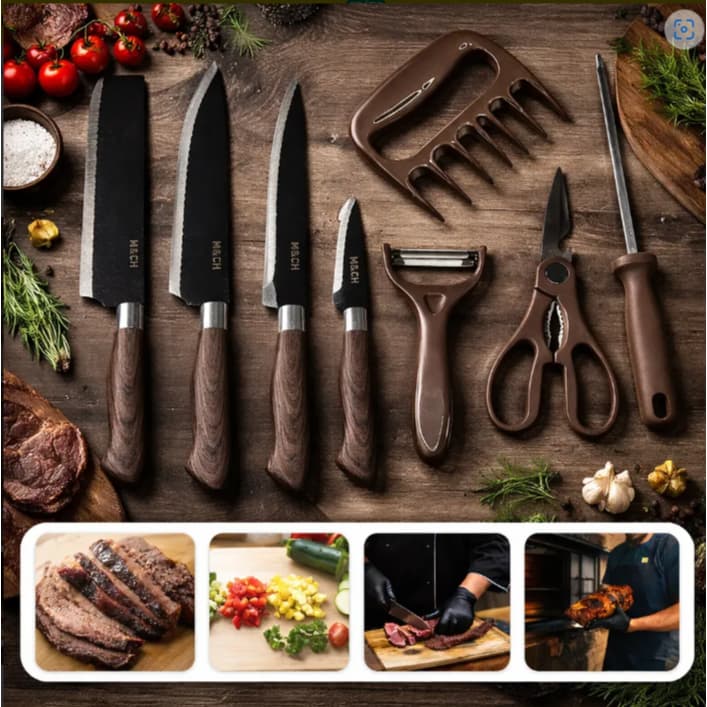 Kit Conjunto De Facas Churrasco Aço Inox Cor Preto 8 Peças Premium Chef Profissional Cutelo e Tesoura