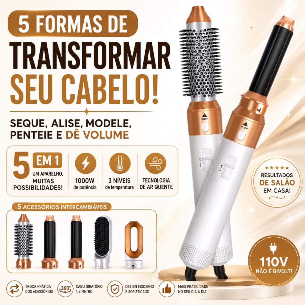 Escova Secadora 5 em 1 110V 1000W Modeladora Alisadora com 5 Acessórios Branco e Dourado
