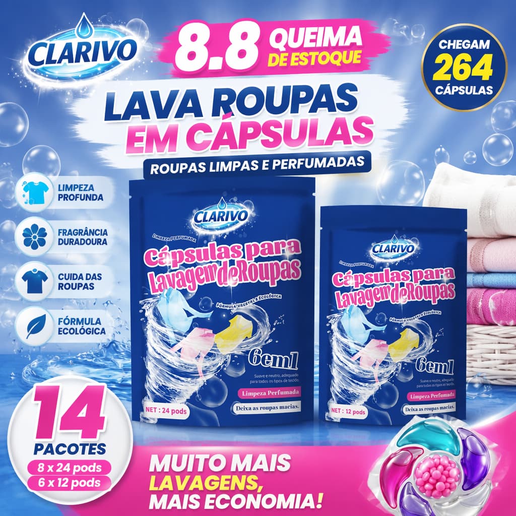 CLARIVO Cápsulas para Lavagem de Roupas 6 em 1, Kit com 264 Cápsulas, Limpeza Perfumada e Fórmula Ecológica